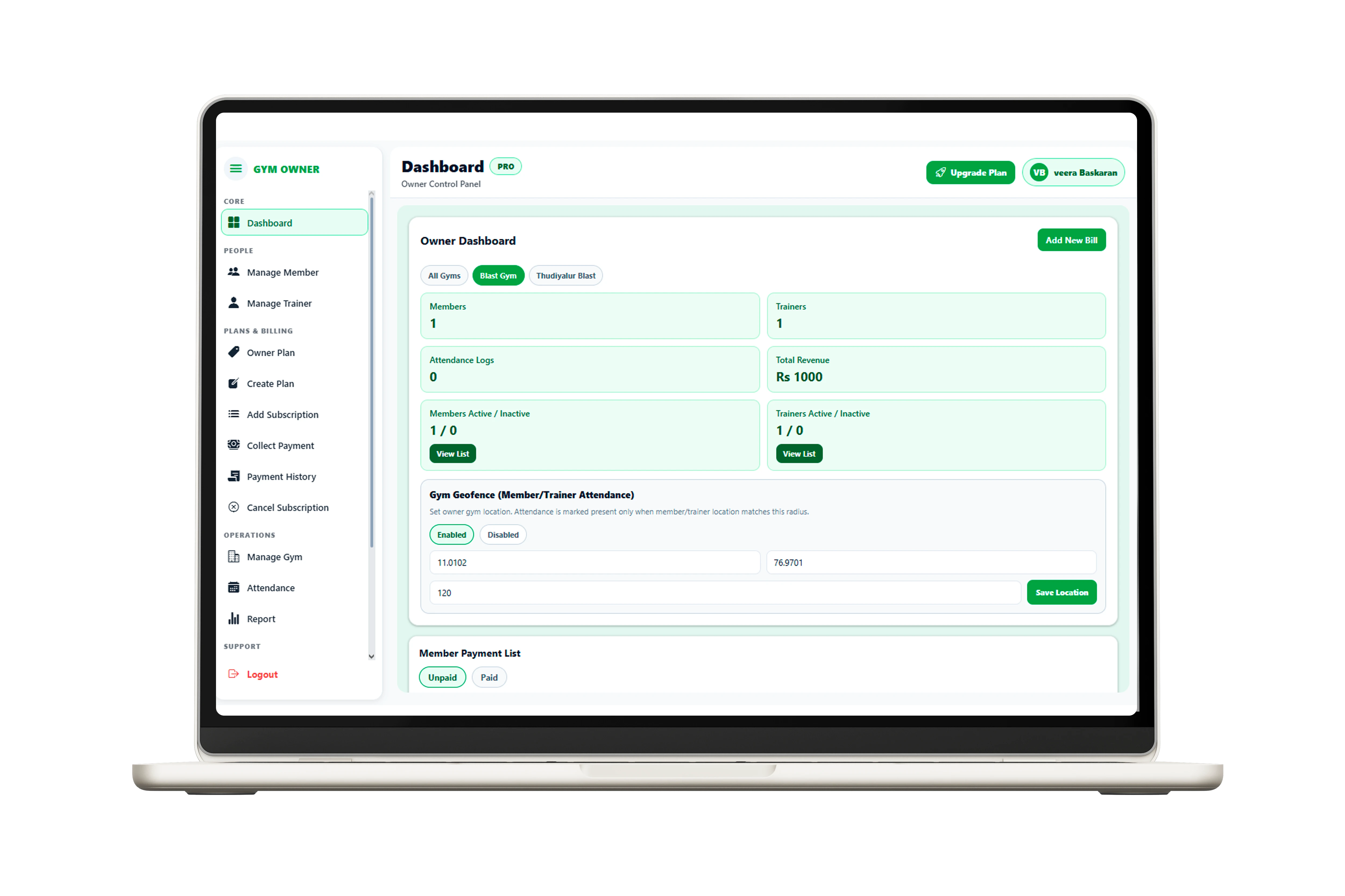 Gym Super App dashboard preview